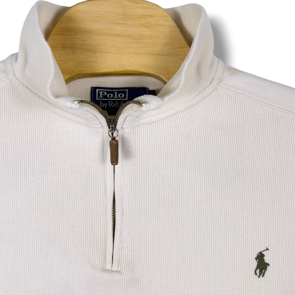 Polo Ralph Lauren Mens XXL Cream Ribbed Cotton Quarter Zip Sweater Green Pony